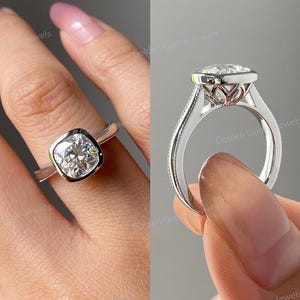 2.00 CT Cushion Cut Lab Grown Diamond Solitaire Bezel Set Engagement Ring 18K Solid white Gold Women-Wedding Ring-Promise Ring-Gift For Har