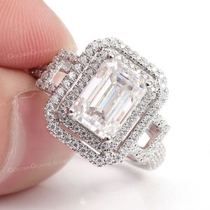 3 Ct Emerald Cut DEF Color Moissanite Engagement Ring, Round Cut Doubul Halo  Wedding Ring, Anniversary Ring, 14K Gold Ring, CZ Diamond Ring