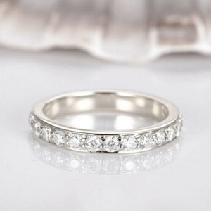 0.80 Ct Round Cut Moissanite Wedding Band. 14K White Gold Plated in Half-Way and Full Eternity. CZ Band, Matching Diamond Band