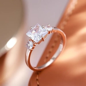2.0 CT Princess Cut Moissanite Diamond Ring, Three Stone  Prong Setting Gold Plated Engagement Ring, Daily Wear Women&#39;s Ring, Promise Ring