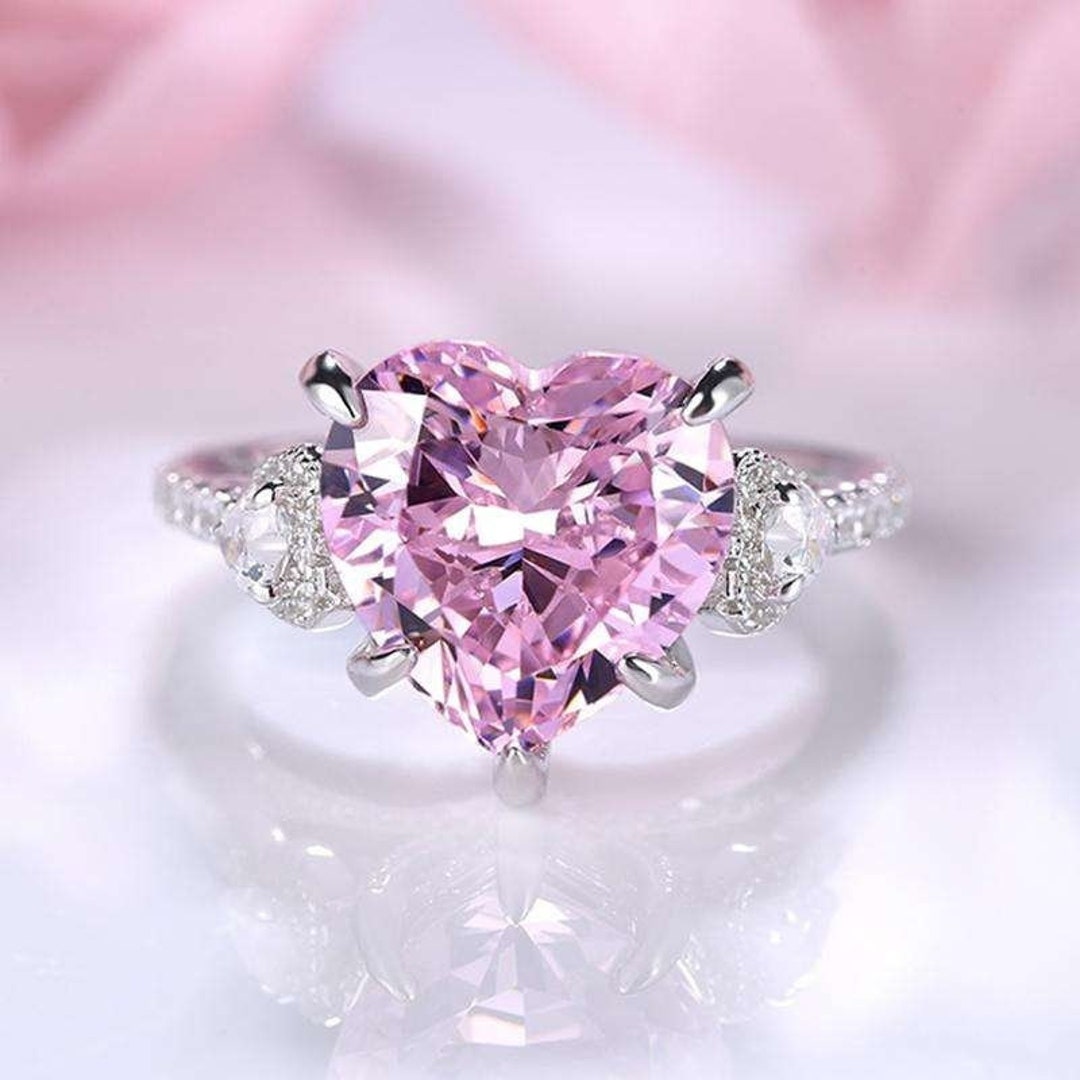 3 CT Heart Cut Moissanite Engagement Ring, Pink Heart Shape Wedding