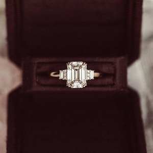 IGI Certified 3.70 TCW Emerald Cut Lab Grown Three Stone Diamond Engagement Ring, 10K Yellow Gold Double Prong Set Ring For Anniversary Gift