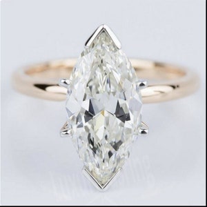 IGI Certified 2CT Marquise Cut Lab Grown Diamond Solitaire Engagement Ring,14K Solid Gold TwoTone Ring & Half Bezel Unique Ring Gift For Her