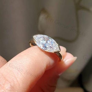2.00 CT Half Bezel Set Lab Grown Marquise Cut Solitaire Engagement Ring East To West Solitaire, 14K Gold Ring Colorless CVD Diamond Ring