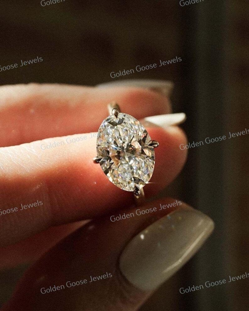 2.50 CT Oval Cut Hidden Halo Setting Lab Grown CVD Diamond Ring | 18K Gold East - West Setting Solitaire Engagement Ring | Ring For Her
