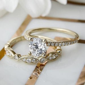 Wedding Ring Set, Round Cut Engagement Ring, Round Cut Diamond Stimulant Solitaire Ring Promise Ring 14K Rose Gold Plated Wedding Band Ring