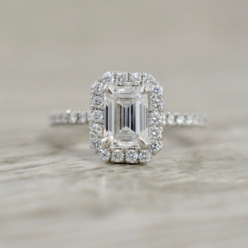 2.00 Ct Emerald Cut Halo Engagement Ring, Wedding Ring, Promise Ring ...