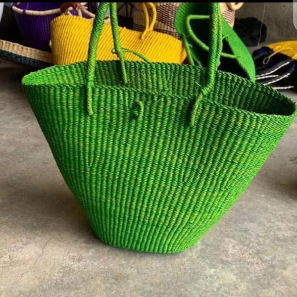 Handwoven colored-straw tote bag| handmade green u-shopper| red straw tote gift basket| rattan mini top handle bag| small market basket