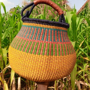 Handwoven straw basket, African Bolga basket, flower pot basket, colored-rattan basket, boho wedding basket, rustic indoor flower basket