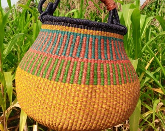 Handwoven straw basket, African Bolga basket, flower pot basket, colored-rattan basket, boho wedding basket, rustic indoor flower basket