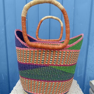 Handmade u-shopper basket| large market basket| native Bolga top handle straw basket| natural African shopping basket| straw handbag