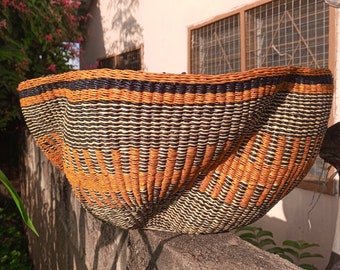Handwoven wavy Bolga storage basket, beautiful storage basket, home decor basket, native basket gift for mom, rustic art decor chandelier