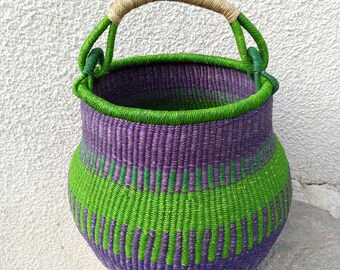Handwoven straw storage basket, Bolga basket, harvest gathering basket, colored straw basket, indoor flower basket, eco-friendly basket