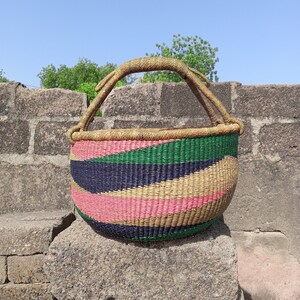 Cesta de compras Bolga, cesta de almacenamiento de paja, cesta Bolga natural, cesta de recolección de cosecha, cesta de mercado tejida a mano, cesta de almacenamiento de muñecas