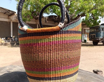 Panier Bolga en U, panier du marché fermier avec anse, grand sac en paille, panier cadeau écologique pour maman, organiseur de rangement pour la cuisine