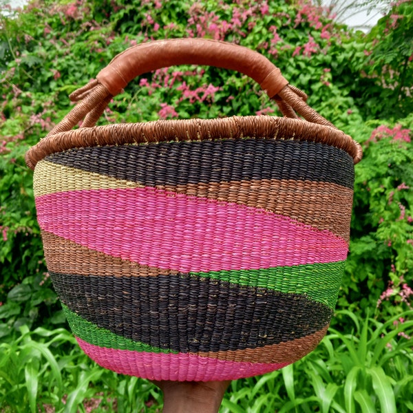 Bolga basket, African large market basket, handwoven storage basket, grocery tote basket, retro storage organizer, shopping basket wicker