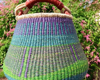 Woven straw pot basket, kitchen storage basket, firewood gathering basket, Bolga storage basket, retro straw organizer, farmer market basket