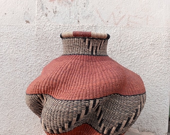Cesta de arte tejida a mano, maceta de paja para flores de interior, jarrón de mimbre grande, cesta de decoración del hogar, cesta de decoración de habitación, cesta Basabasa, regalo para un nuevo hogar