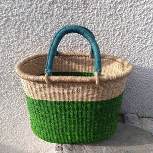 Handwoven straw handbag, mini market basket, African u-shopper with leather handle, native basket shopping gift for her, beach basket