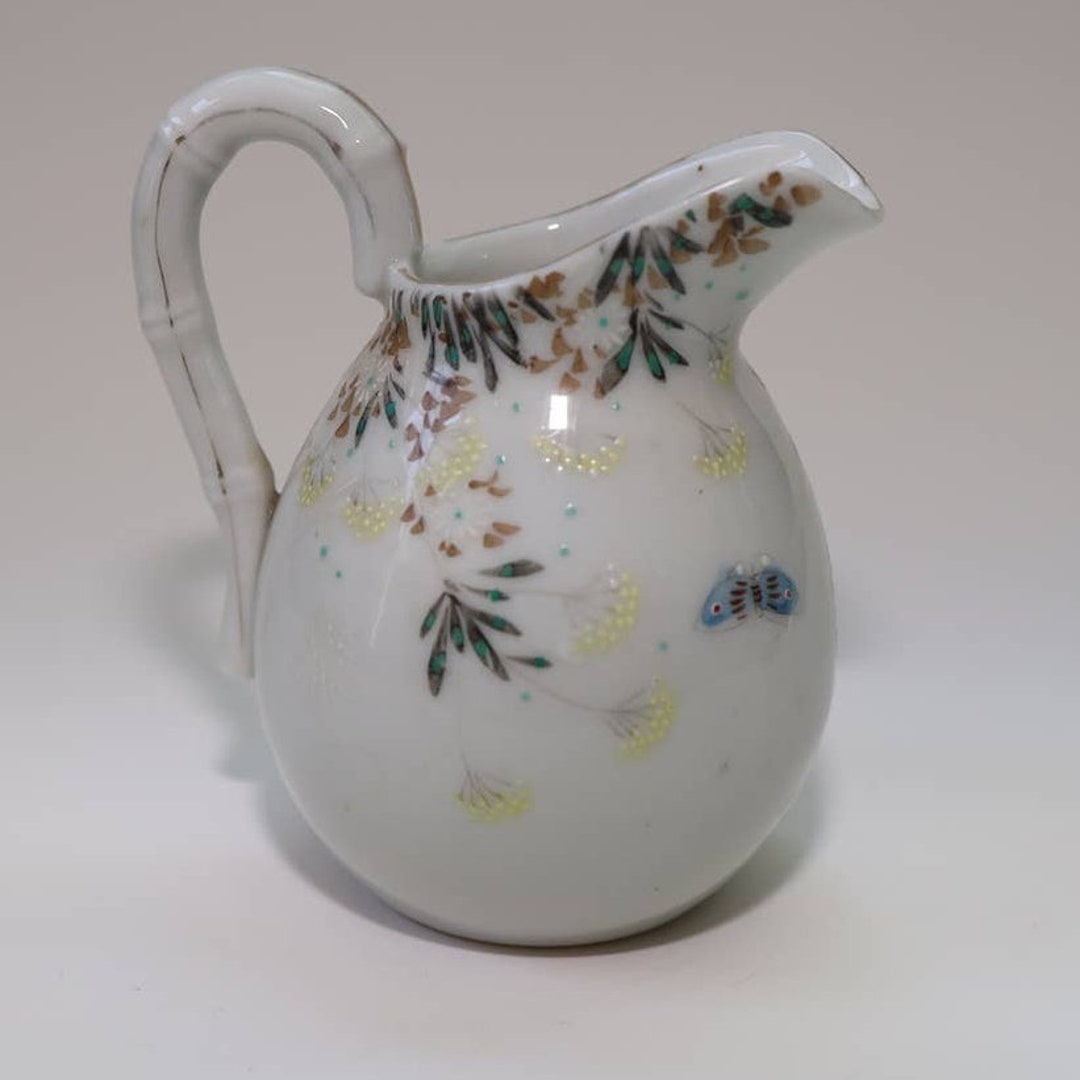 Vintage Cream White Ceramic Milk Jug Vase Floral Design Home Etsy