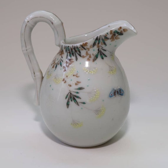 Vintage Cream White Ceramic Milk Jug Vase Floral Design Home Etsy