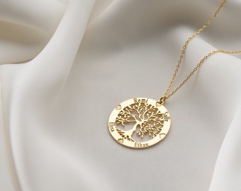 Personalized Family Tree Name Gold Necklace, Multiple Names Custom Disc Necklace, Mothers Day Gifts,Christmas Gift for Her,Mom,(NCK-0058)