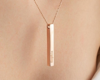 Personalized 4 Sides Necklace Custom Bar Name Necklace for Women 3D Bar Engrave Necklace, Vertical Name Family Necklace, Kids Name Necklace
