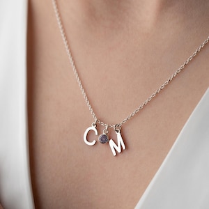 Colar com pingente inicial de prata e pedra de nascimento Colar com pingente inicial pequena de ouro para criança com pedra de nascimento Colar com pingente de letra personalizado em ouro rosa
