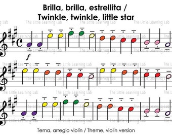 Partituras para principiantes violín PDF, notas con código colores, aprende música, música para niños, tema Estrellita Twinkle twinkle