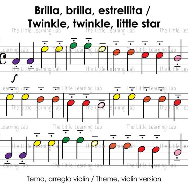 Noten für Violine für Anfänger im PDF-Format, farbcodierte Noten, Musik lernen, Kindermusik, Twinkle Twinkle Star-Thema