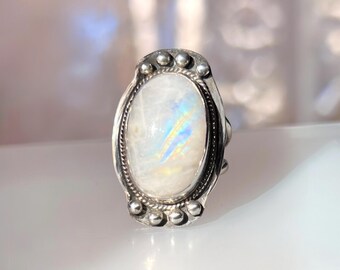 Naturlig regnbågsmånstensring i sterlingsilver / Boho-ring / Boho / Statement-ringar i sterlingsilver / Månstenssmycken / Indianring