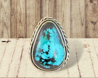 Anillo ajustable grande de turquesa auténtica, anillo de turquesa natural, anillo del suroeste, joyería de turquesa, joyería nativa americana, oro, latón.