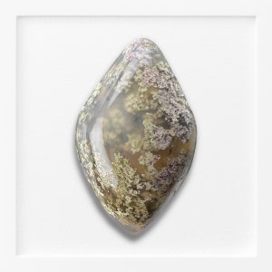 May include: A polished, light gray agate cabochon with a unique, dendritic pattern of brown and purple inclusions. The stone has a smooth, rounded shape and a glossy finish.