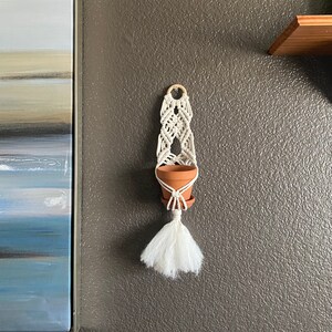May include: A white macrame plant hanger with a terracotta pot and a white tassel. The hanger is hanging on a textured gray wall.