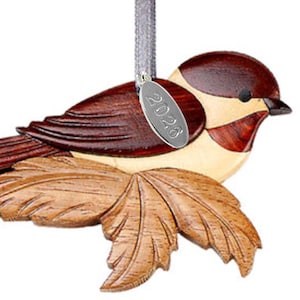 Handcrafted Chickadee Christmas Ornament 2026: Two-Tone Wood Intarsia Design