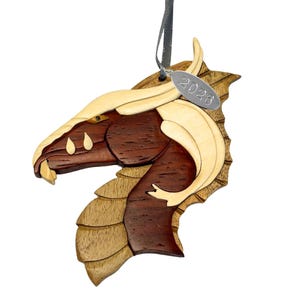 2026 Handcrafted Wood Dragon Christmas Ornament, Two-Tone Intarsia Design, Great Fantasy Gift Idea, with Year Hangtag & Gift Box