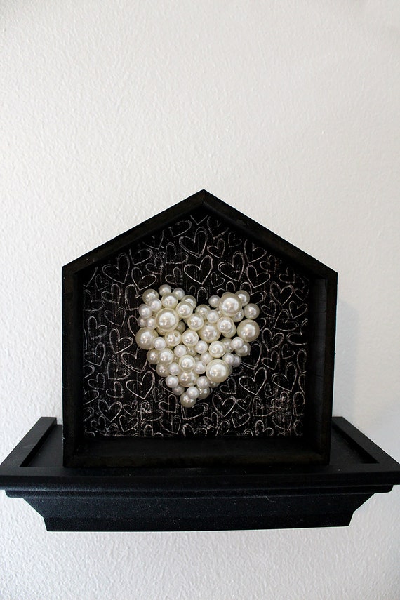 Wooden House Shaped Shadow Box Black and White Pearl Heart Etsy India