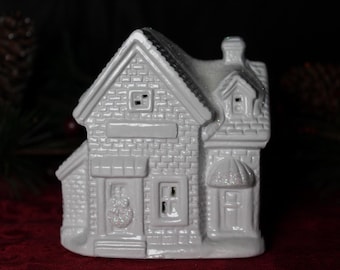 Unique White Ceramic Winter Village Candy Store, Painted White w/ Glitter Snow, Winter/Christmas Village Candy Store, Light Up Holiday Decor