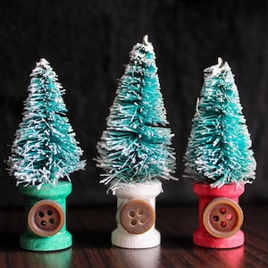 Set of 3 Miniature Green Sisal Bottle Brush Trees, Winter Trees Decor, Christmas Decor, Holiday Decor, Winter Decor, Decorative Tiered Tray