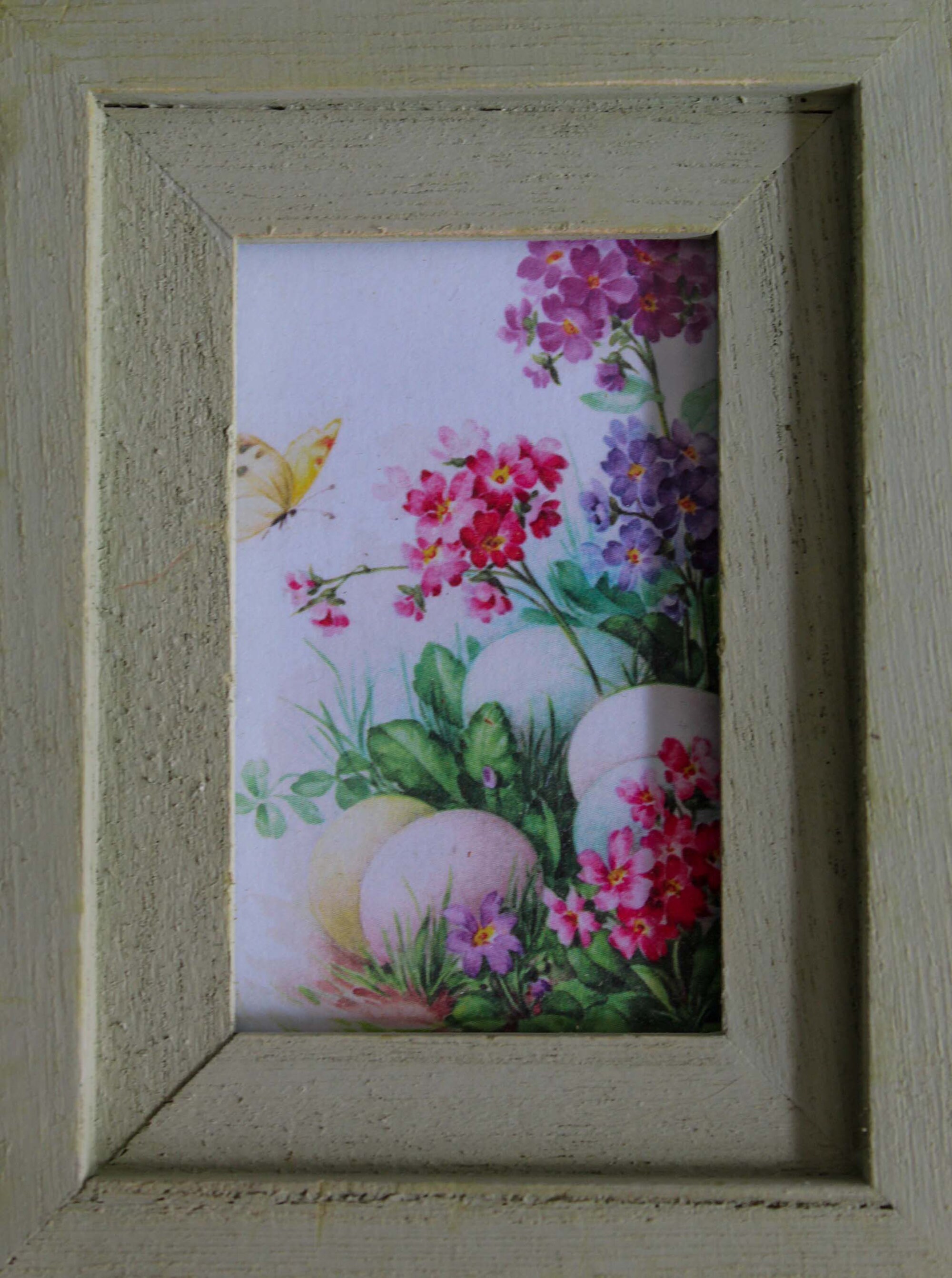 Framed Handmade Art, Home Decor, Home Accents, Accent Decor, House Decor, Wall Decor, Mini Framed Image of Flowers, Butterfly, & Easter Eggs