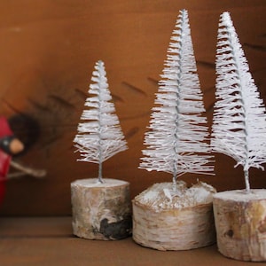 Set of 3 Miniature White Sisal Bottle Brush Trees, Winter Trees Decor, Christmas Decor, Holiday Decor, Winter Decor, Decorative Tiered Tray