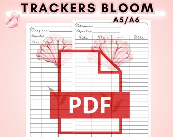 Trackers suivi Bloom à télécharger, défis et supports économies PDF, format A5, A6 | Blush Budget