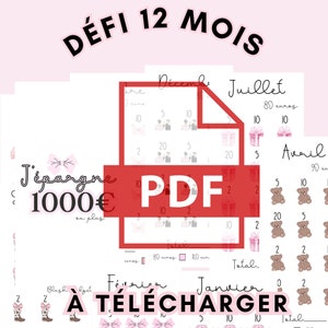 Défis 12 mois à télécharger, défis et supports économies PDF, format 8x16 Blush Budget image 1