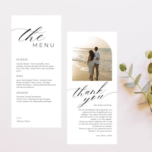 Nowoczesne menu i karta z podziękowaniami ze zdjęciem, karta menu weselnego, zestaw kart z podziękowaniami na serwetce