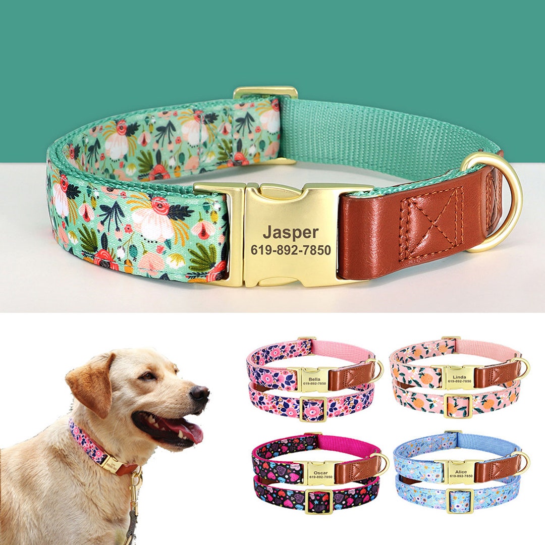 Personalized Engraved Dog Collar Custom Pet ID Collars Flower Print