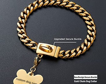 Personalized Gold Dog Chain Collar with New D-Ring Secure Buckle 15MM Strong Stainless Steel Cuban Link Necklace Pet Collar Pet Gift