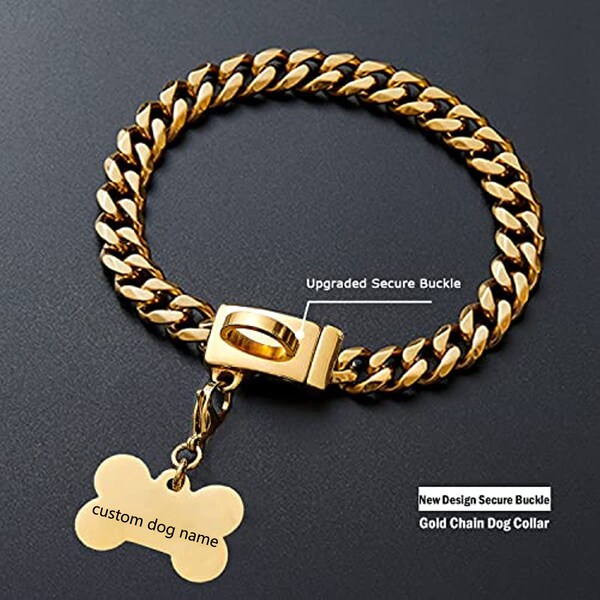 Personalized Gold Dog Chain Collar with New D-Ring Secure Buckle 15MM Strong Stainless Steel Cuban Link Necklace Pet Collar Pet Gift