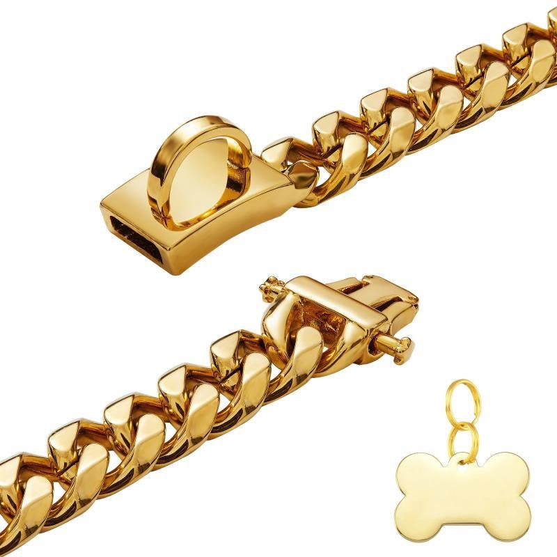 Personalized Handmade Dog Chain Collar with New D-Ring Secure Buckle,13MM Strong Stainless Steel Cuban Link Necklace Pet Collar Gift