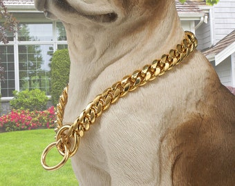 Personaliseer de halsband van de hondenketting, gouden Cubaanse schakelketting, metalen schakels, zware wandeltrainingskettinghalsband voor kleine, middelgrote en grote honden