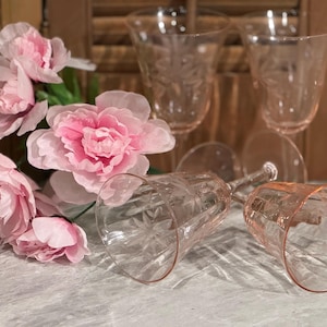 4 Vintage Pink Depression Glass Stemmed Wine or drinking glasses. Footed Etched Floral Thistle.